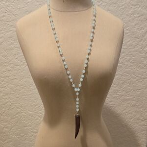 Light  Blue Beaded Necklace with Horn Pendant